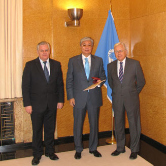 In the UN Office at Geneva:  Mr. Alexander V. Stetsenko, First Deputy Director General of tne Museum named after Nicholas Roerich, Mr. K.G. Tokaev, Director of the UN Office at Geneva, Deputy Secretary General of UNO and Mr. Alexander P. Losyukov, President of the Committee for the Preservation of the Roerichs' Heritage